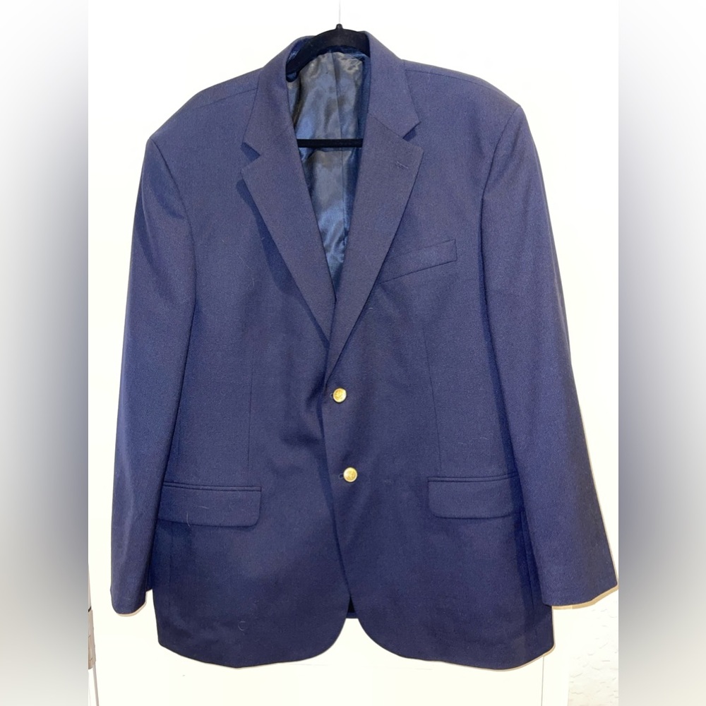 Stafford 46R Navy Blue Blazer Gold Toned Buttons 45% Wool